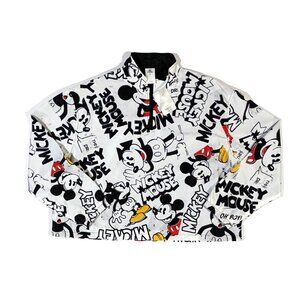 Disney  2XL Mickey Mouse Jacket Womens White All Over Print Windbreaker Cropped